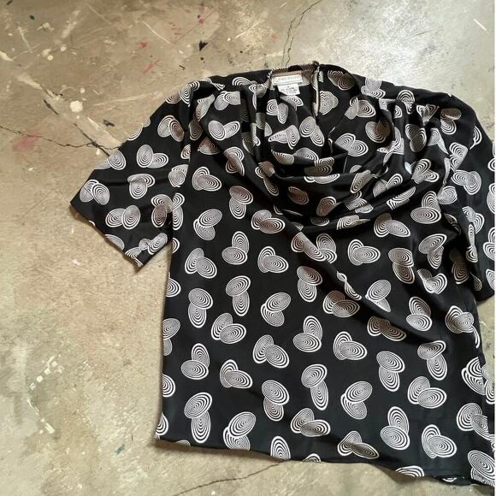 Evan Pocone Blouse Black and White Spiral Novelty Print Cowl Neck Top 70s